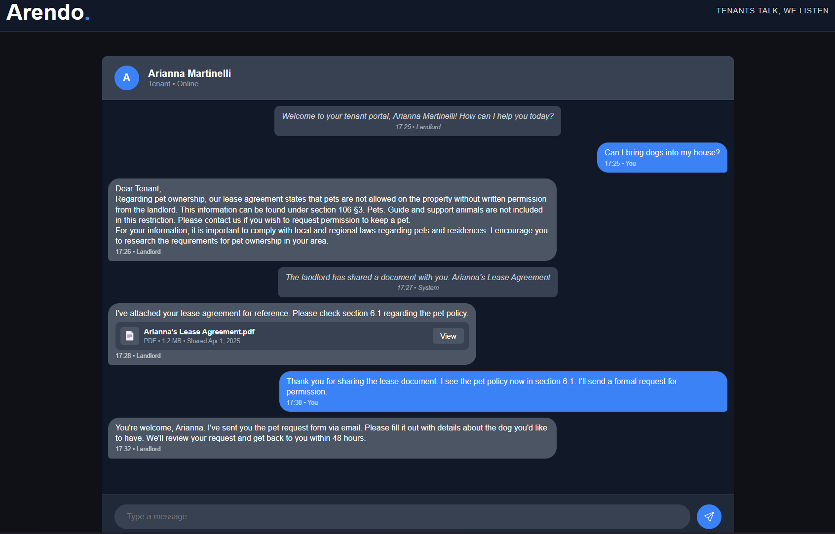 Arendo AI Assistant chat interface showing intelligent responses to tenant inquiries